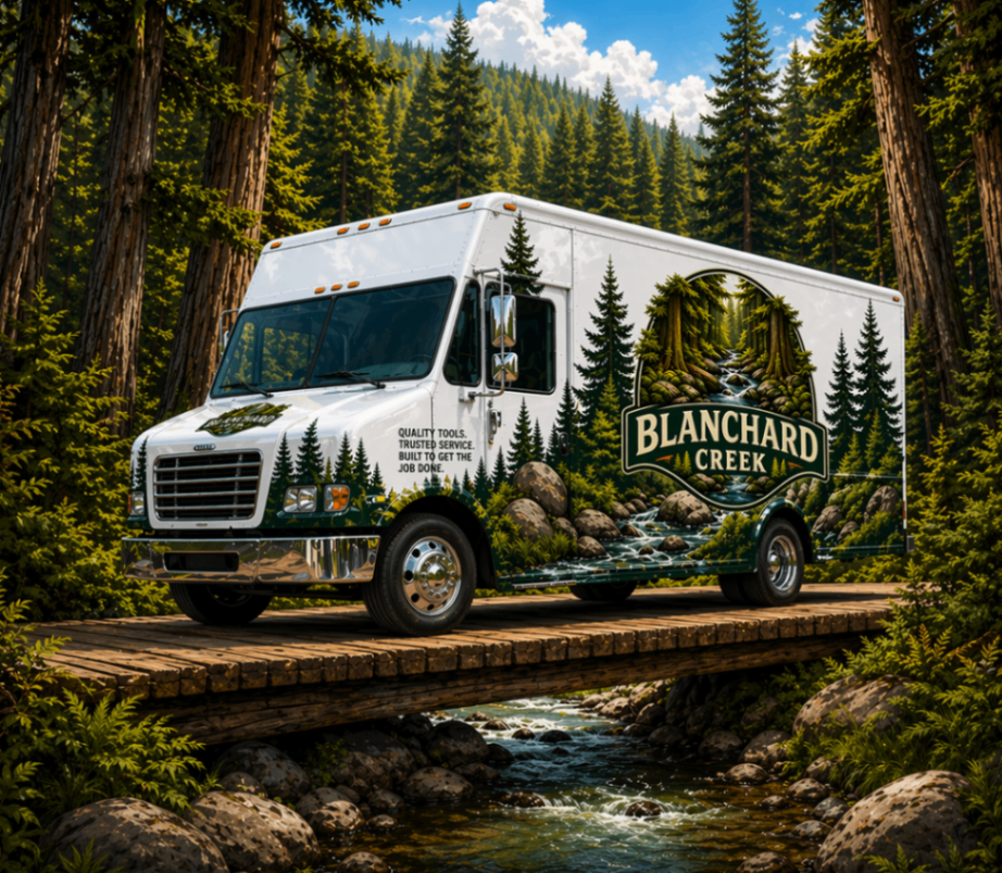 Blanchard Creek Tools truck crossing a forest bridge